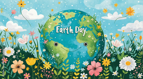 Earth Day in April concept. Illustration of smiling and happy planet between spring blooming colourful flowers