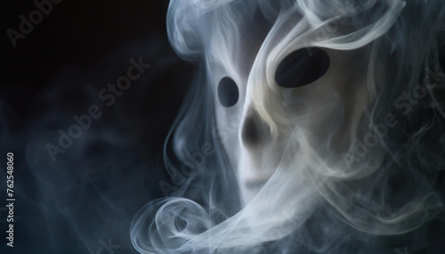 Close-up of scary ghostly face formed from swirling smoke. Mystery phantom visage.