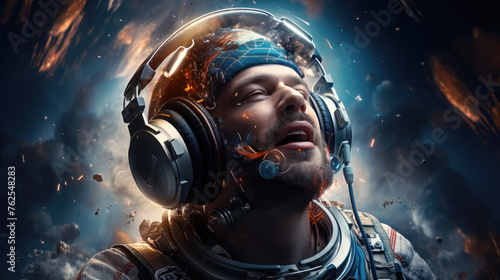 generated illustration man in headphones listening to music at home with eyes closed