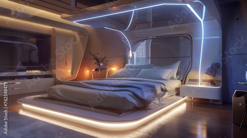 Futuristic Minimalist Bedroom with LED Lighting AI Generated.