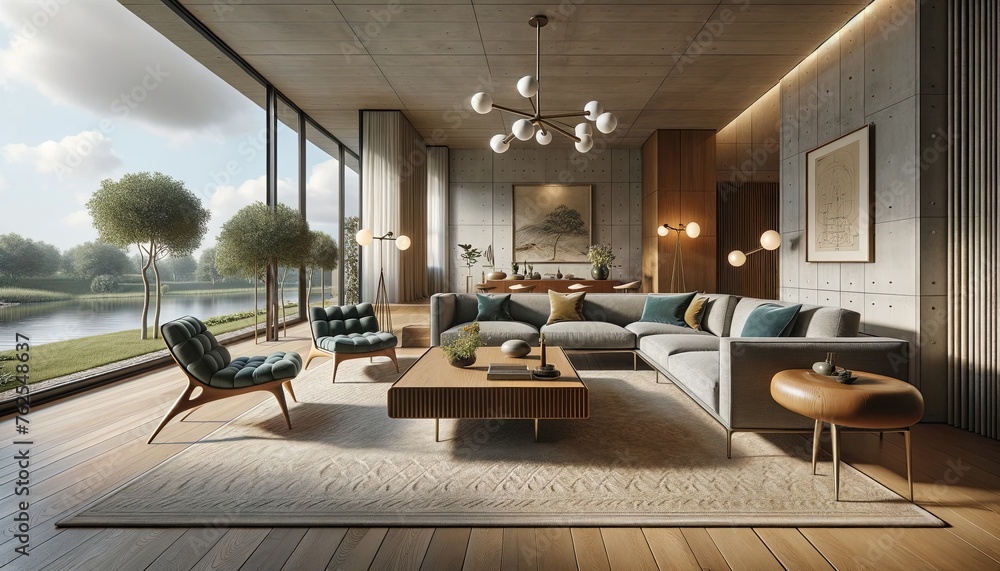 Mid-Century Modern style living room interior with no people, showcasing an airy and open design that captures the essence of the era. Mid-Century Modern style living room interior with no people, showcasing an airy and open design that captures the essence of the era.