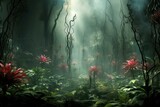 Mysterious Smoke magic forest. Fantasy outdoor scary. Generate Ai