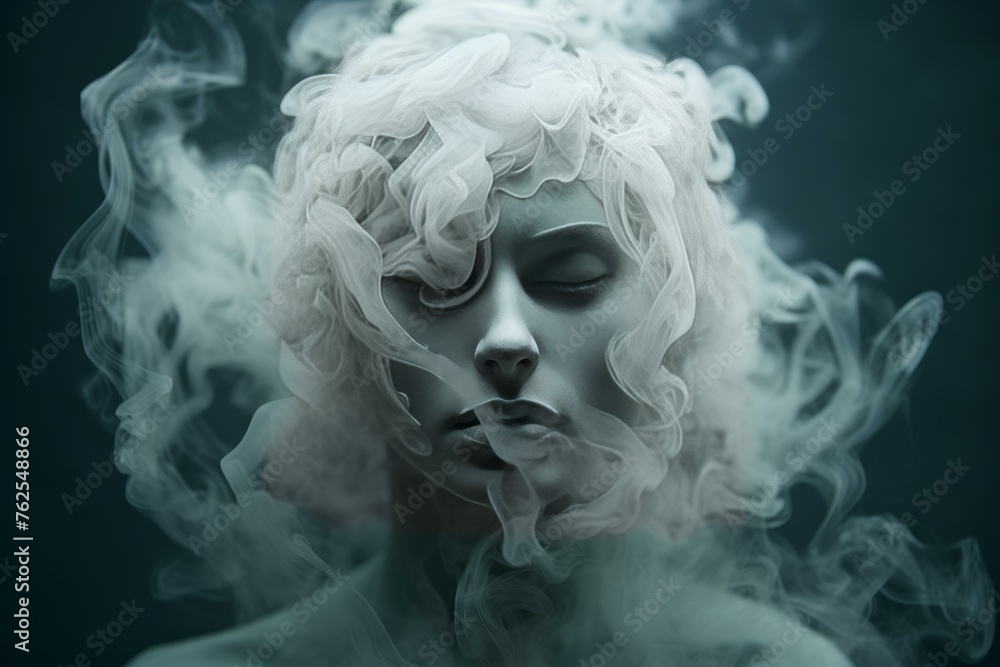 Mysterious Smoke human ghostly face. Fashion person in dark fog smoke. Generate Ai