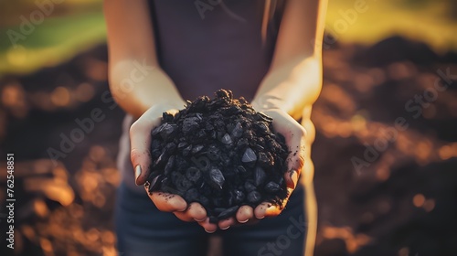 Hands holding up Biochar Charcoal, Pyrolysis and Carbon Capture Digital Concept Render