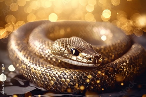 gold snake. Beautiful background with bokeh. postcard, poster, banner