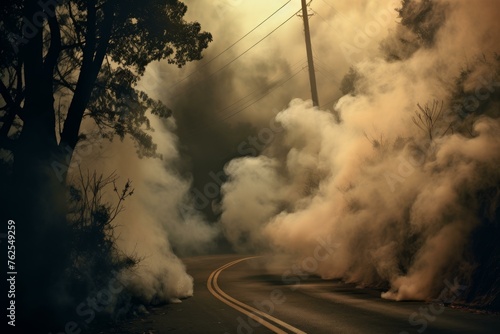 Mysterious Smoke land road. Big burned area turning gray pile ash and darkness. Generate AI © juliars