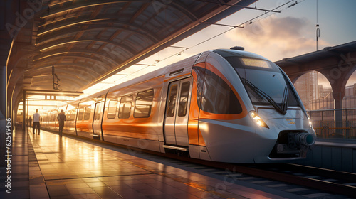 A sleek, modern commuter train arriving at a bustling station, with the vibrancy and energy of city life captured in high dynamic range.