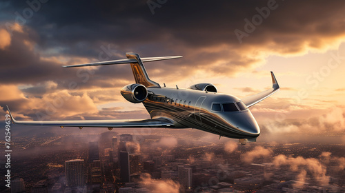 A small, private jet flying over a cityscape in HDR, showcasing the contrast between the sleek aircraft and the urban environment.