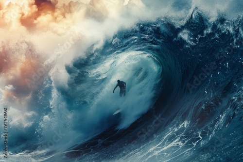 A man skillfully rides a towering wave as it crashes in the vast expanse of the ocean, A powerful wave crashing down on a surfer mid-ride, AI Generated