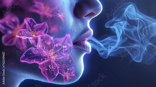 Fresh breath concept, transparent head with flowers and exhaled air.