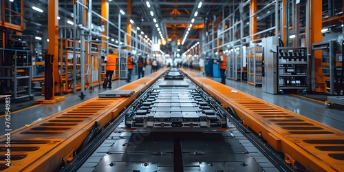 Constructing Electric Vehicle Battery Packs on a Well-Lit Factory Assembly Line. Concept Electric Vehicle Batteries, Factory Assembly Line, Construction Process, Automation Technology