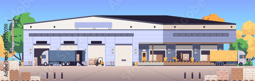 Big warehouse hangar with roller doors and platform. Cargo transportation flat vector illustration © Aroma_Art