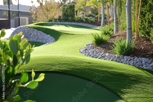A golf course featuring artificial grass and rock formations, providing a unique and challenging environment for players, A putting green with challenging slopes, AI Generated