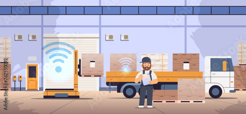 Warehouse worker controls cargo loading. Automation in business industry flat illustration