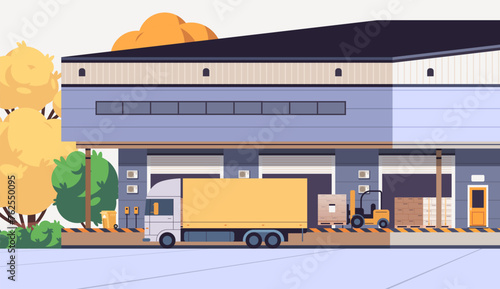 Truck loading on warehouse platform. Logistic business flat vector illustration
