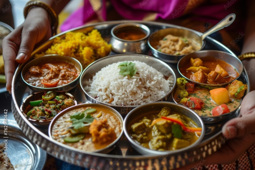 A person holds a platter filled with a variety of delicious food, showcasing a colorful spread of culinary delights, A Rajasthani food platter with vibrant and diverse food items, AI Generated A person holds a platter filled with a variety of delicious food, showcasing a colorful spread of culinary delights, A Rajasthani food platter with vibrant and diverse food items, AI Generated