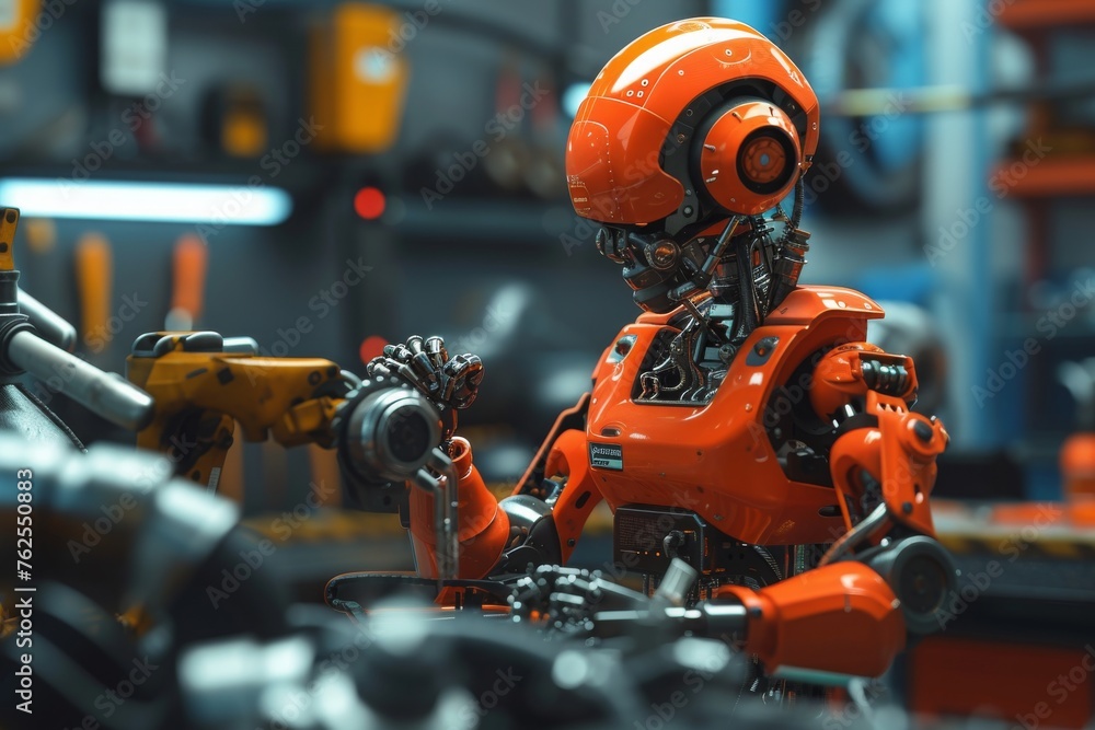 A robot can be seen hard at work as it operates a machine in a bustling factory, A robot mechanic efficiently working in a futuristic auto repair shop, AI Generated