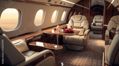 The luxurious interior of a private jet, with leather seats, high-end entertainment systems, and bespoke catering services.