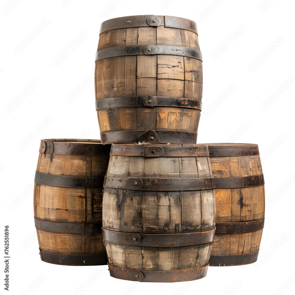 Obraz premium Three barrels lie on top of each other in a pyramid. Old wine barrels isolated on a white or transparent background, close-up, side view. Production and storage of grape wine on an industrial scale.