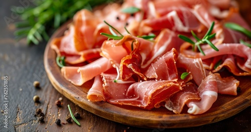 Savory Slices of Smoked Italian Prosciutto, a Gourmet Pork Delight, Elegantly Arranged on a Wooden Plate