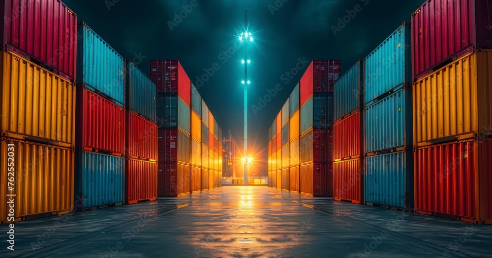 Fototapeta premium The Majestic Stacking of Shipping Containers in a Nighttime Port Terminal
