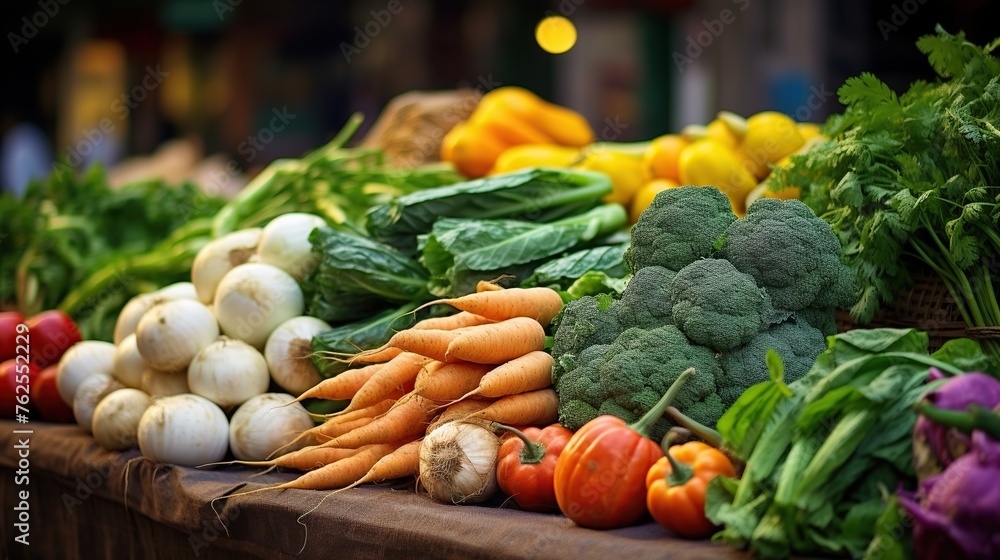 Fresh vegetables and fruit on the counter of street market. Ingredients and organic food and healthy eating concept.