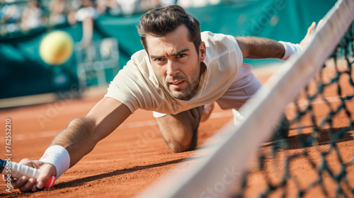  Intense Tennis Match: Male Player in Defensive Stance
