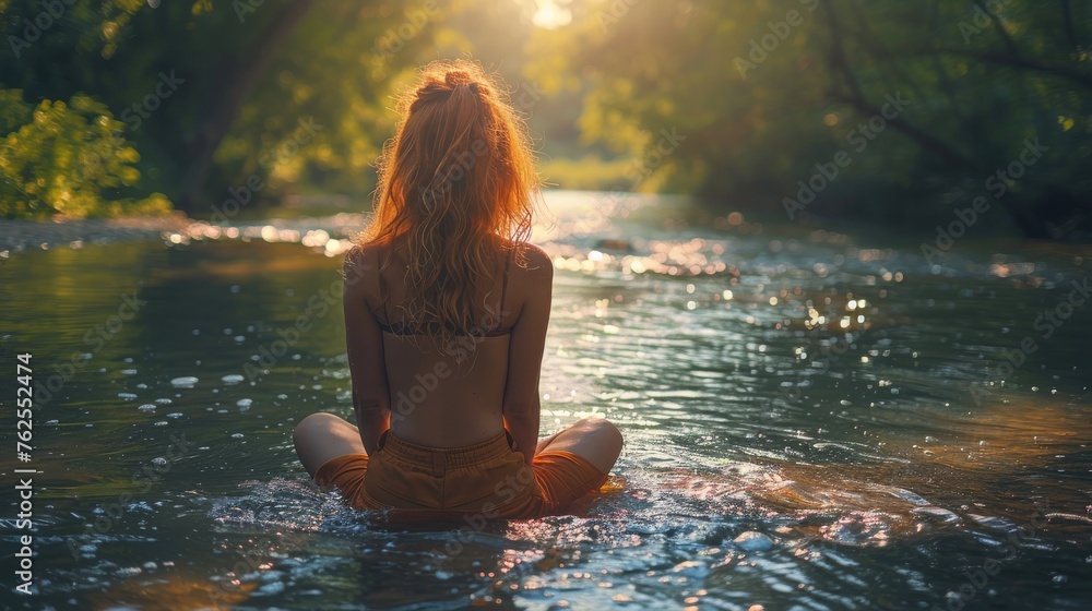 Woman Sitting in Middle of River