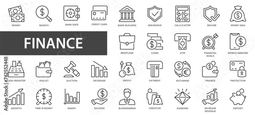 Finance line icons set. Money, finance, payments, wallet, piggy, bank, check line icon. Thin line style collection.