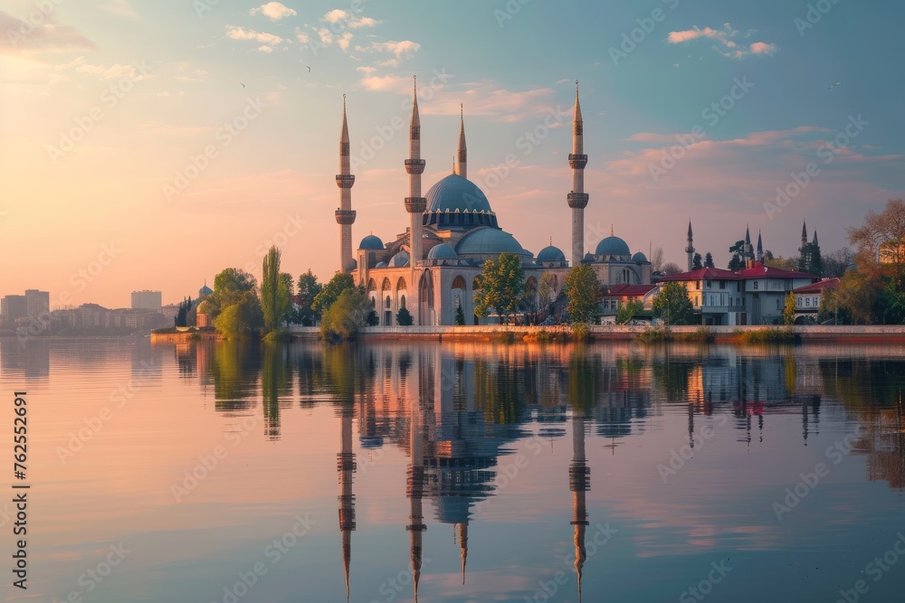 This photograph captures a scenic view of a substantial body of water with a prominent building in the background, A serene river reflecting a mosque's domes, AI Generated