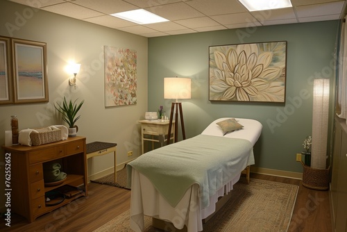 A simple treatment room featuring a bed and a lamp  providing a practical and functional space for relaxation and therapy  A serene  peaceful naturopathic clinic  AI Generated