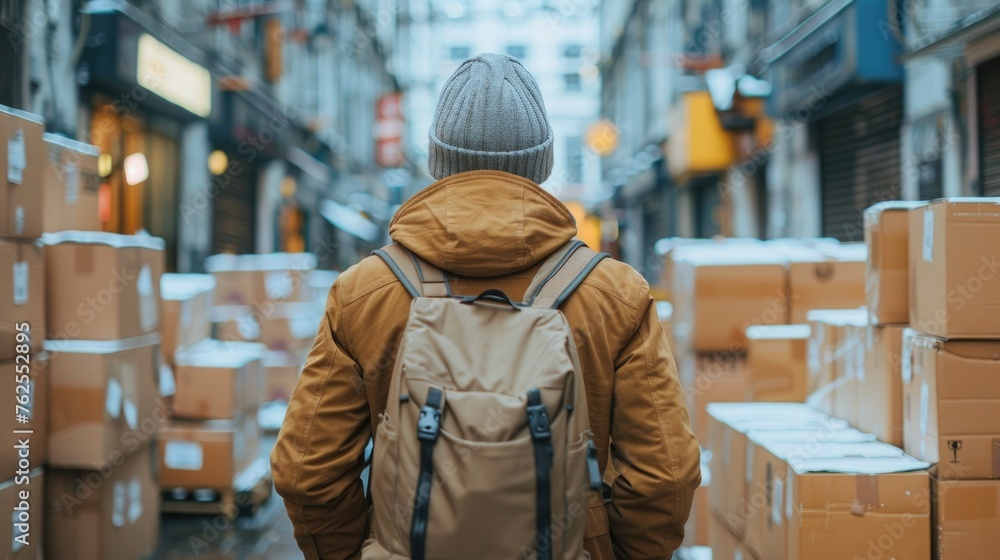 Man Walking Down a Street With Backpack Man Walking Down a Street With Backpack