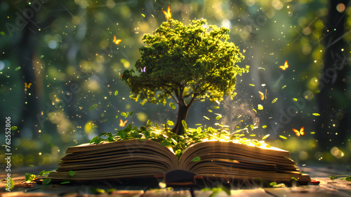 Wisdoms Growth: Book Beneath a Tree, Symbolizing the Deep Roots of Knowledge and Environmental Consciousness