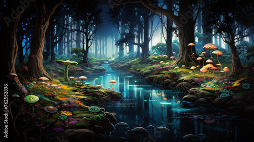Bioluminescent forest school soft pastel lights guiding students in their educational journey