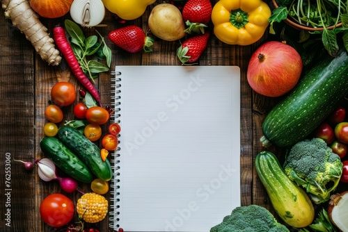 Health care plan with natural balanced food with fruits and vegetables and notepad with blank sheet on wooden table. Top view. Horizontal composition.