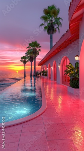 Large Swimming Pool With Palm Trees and Sunset