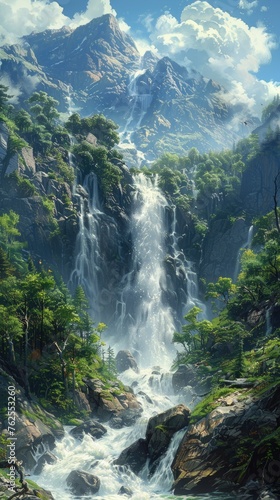 Majestic Mountain Waterfall Cascading Through Rocky Terrain Amidst Lush Greenery