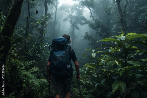 A man with a backpack walks through the dense jungle, surrounded by lush greenery and tall trees, A solo backpacker making his way through a lush, mist-filled rainforest, AI Generated