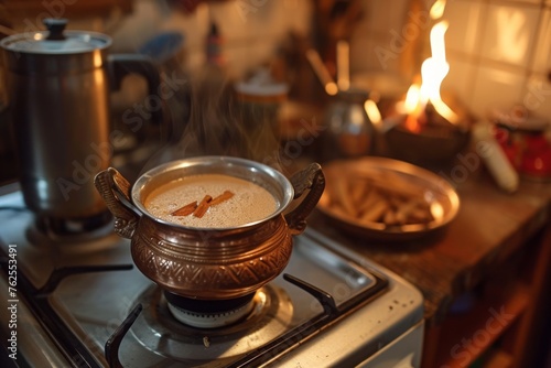 A pot of soup, filled with simmering ingredients, sits gently atop a stove burner in a well-lit kitchen, A soothing scene of a pot of masala chai simmering on the stove, AI Generated