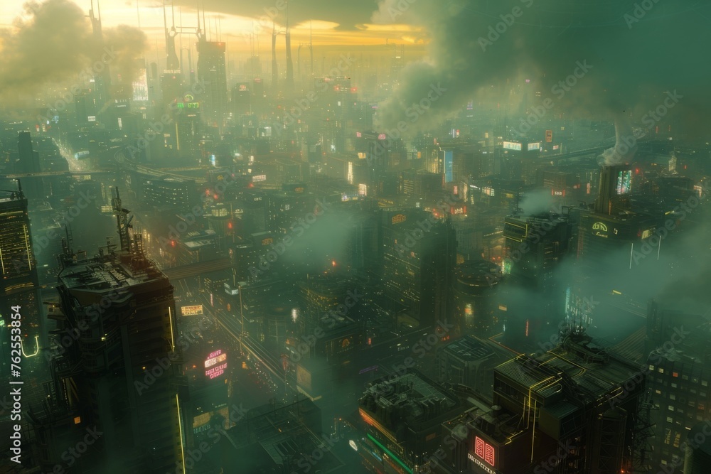 A sprawling cityscape filled with towering buildings immersed in a dense haze of smoke, A sprawling cyberpunk cityscape under a toxic, cloud-filled sky, AI Generated A sprawling cityscape filled with towering buildings immersed in a dense haze of smoke, A sprawling cyberpunk cityscape under a toxic, cloud-filled sky, AI Generated