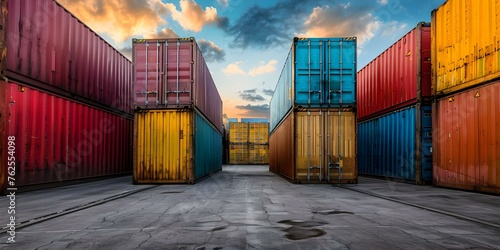 Shipping containers line up for export on bustling dock symbolizing global trade. Concept Shipping Containers, Global Trade, Export, Dockyard Operations, Logistics