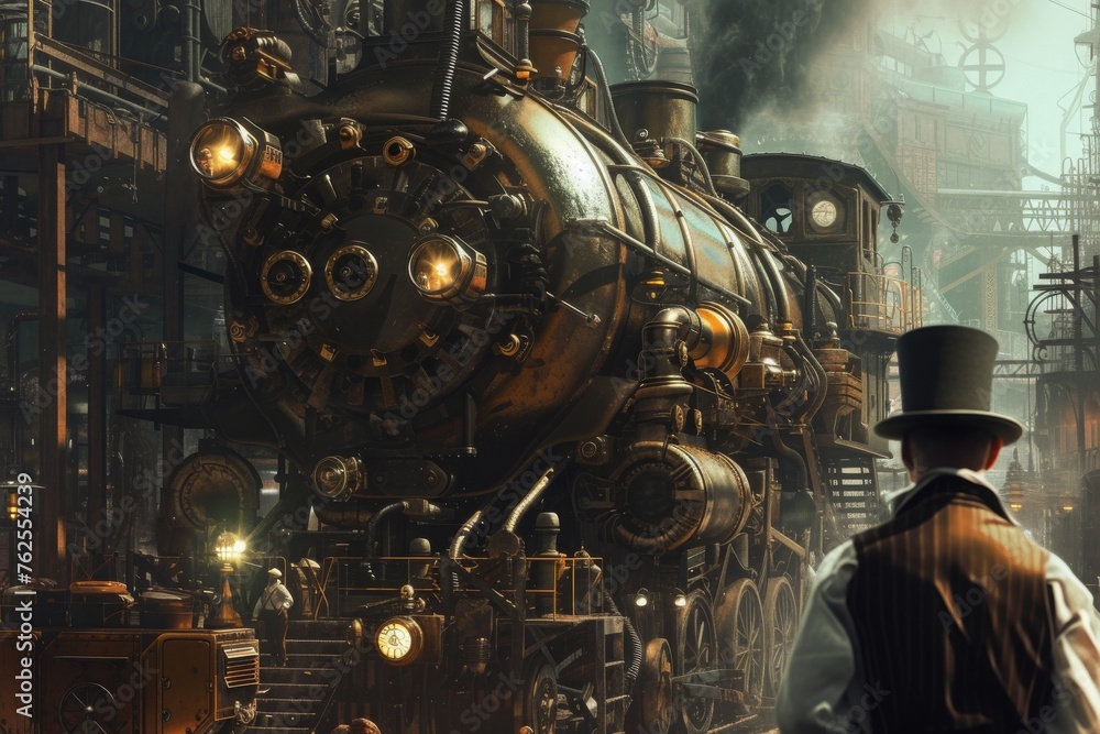 A well-dressed man wearing a top hat stands confidently next to a majestic train, A steampunk inspired mechanic with a complex machinery as a backdrop, AI Generated A well-dressed man wearing a top hat stands confidently next to a majestic train, A steampunk inspired mechanic with a complex machinery as a backdrop, AI Generated