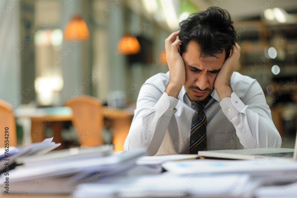 A man sitting at a table surrounded by a large amount of paperwork, as he reviews, organizes, and works on various documents, A stressed businessman dealing with loan paybacks, AI Generated A man sitting at a table surrounded by a large amount of paperwork, as he reviews, organizes, and works on various documents, A stressed businessman dealing with loan paybacks, AI Generated