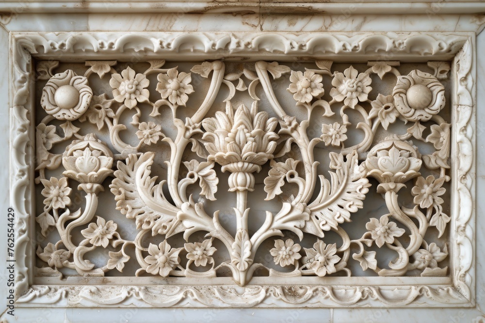 A decorative wall panel adorned with intricate handcrafted flowers and foliage, adding an elegant touch to any space, A stunning Islamic 'Jali' screen carved from marble, AI Generated