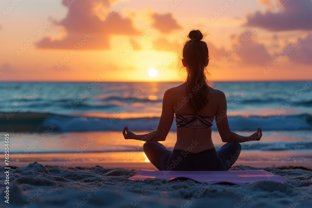 A woman practices yoga on the beach, sitting in a calming position with the ocean in the background, A sunset yoga session on a beach, AI Generated A woman practices yoga on the beach, sitting in a calming position with the ocean in the background, A sunset yoga session on a beach, AI Generated