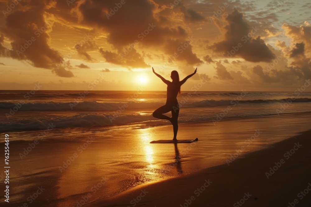 A person confidently stands on a surfboard while riding a wave on a picturesque beach, A sunset yoga session on a beach, AI Generated