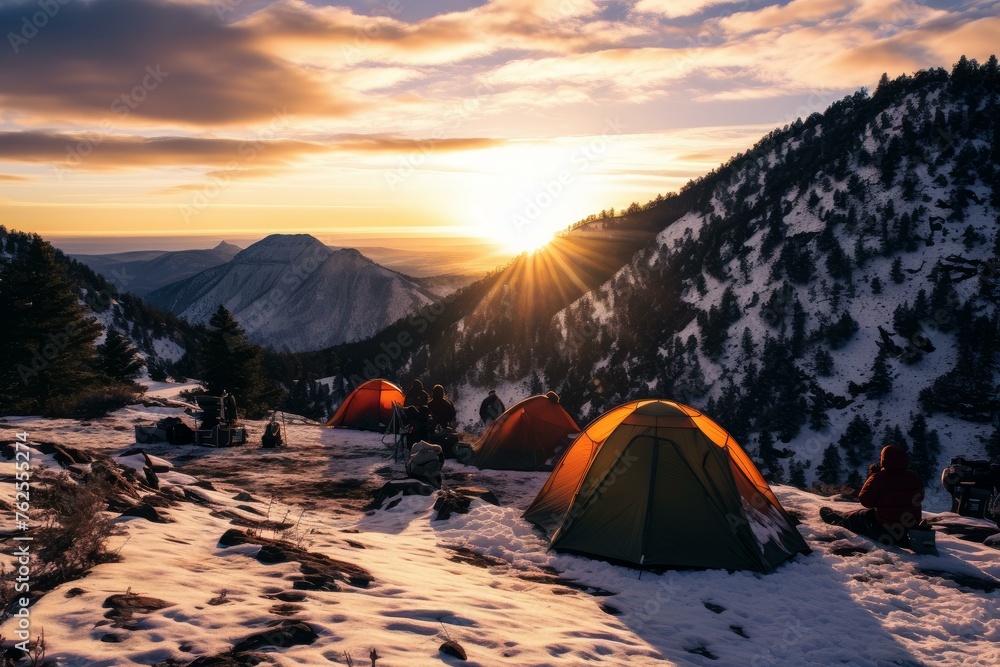 Frosty Snow camp mountains. Adventure night extreme. Generate Ai