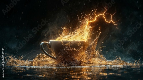 A powerful image depicting a coffee cup amidst a stormy backdrop with dramatic lightning and rain effects
