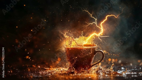 This captivating image showcases a coffee cup on a dark background with bolts of lightning giving the cup a magical energy © Fxquadro