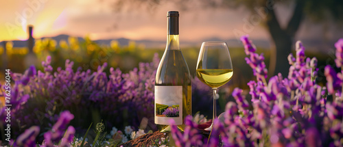 A bottle of white wine and a wine glass are on a table in a field of purple flowers